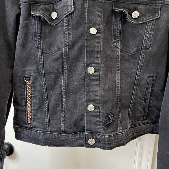 H&M Black Denim Jean Bad Vibes Check Your Ego Graphic Jacket Womens Size L - Picture 3 of 11